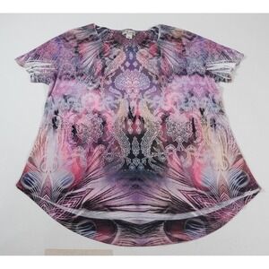 World Unity Top Women Large Pink Purple‎ Graphic Print Cut Out Sleeve  Blouse